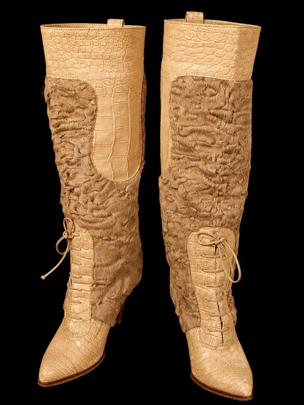 Malo Italy Fur & Croc Embossed Leather Knee-High Boots